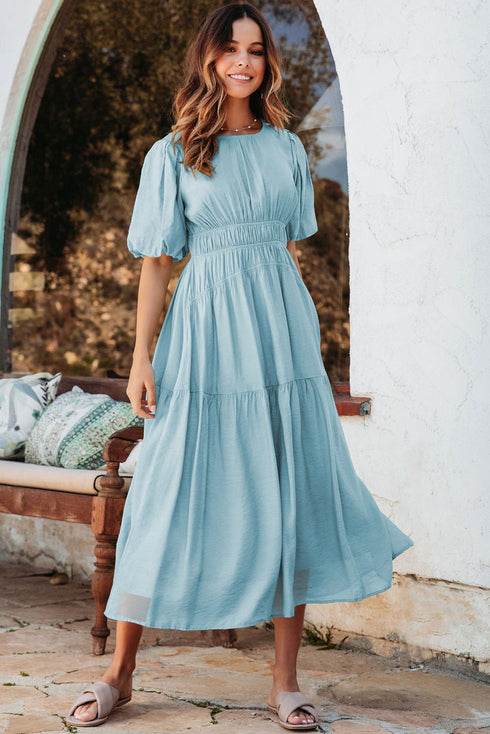 Puff Sleeve Pleated High Waist Flowy Long Dress